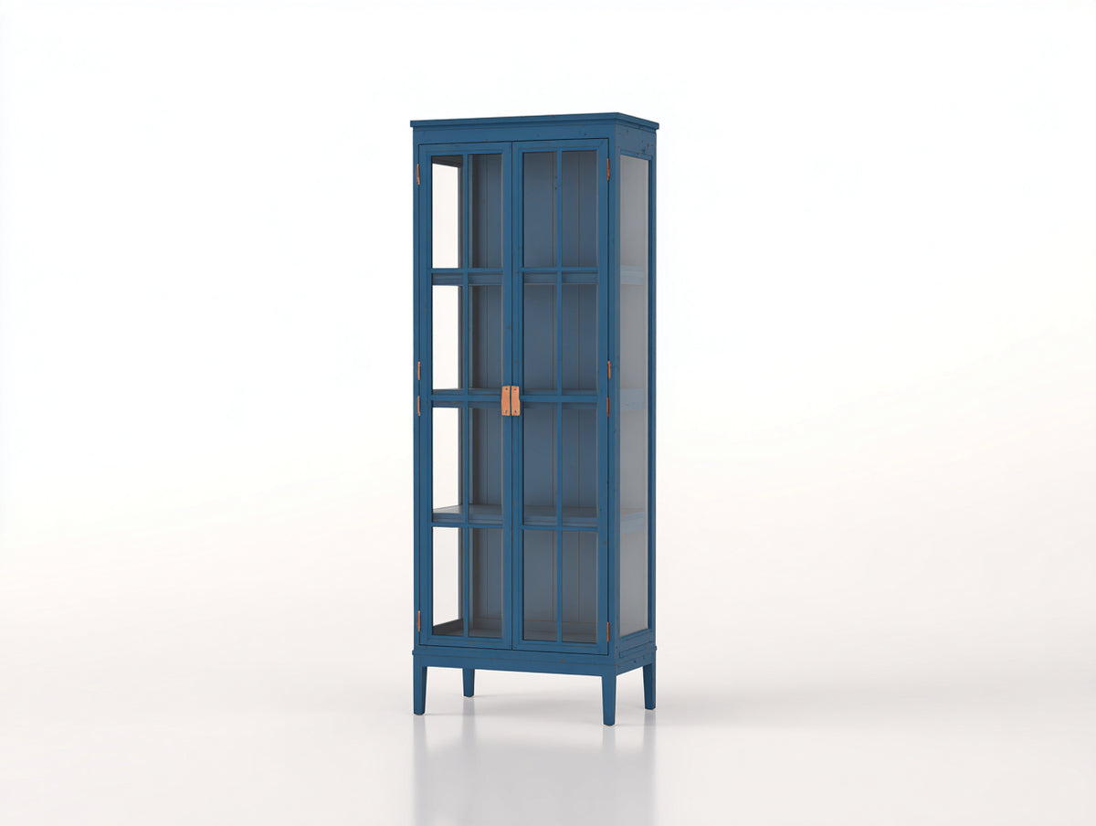Vetrina-Legno-Vetro-78x35x192 cm-Blu petrolio-Stile vintage nordico