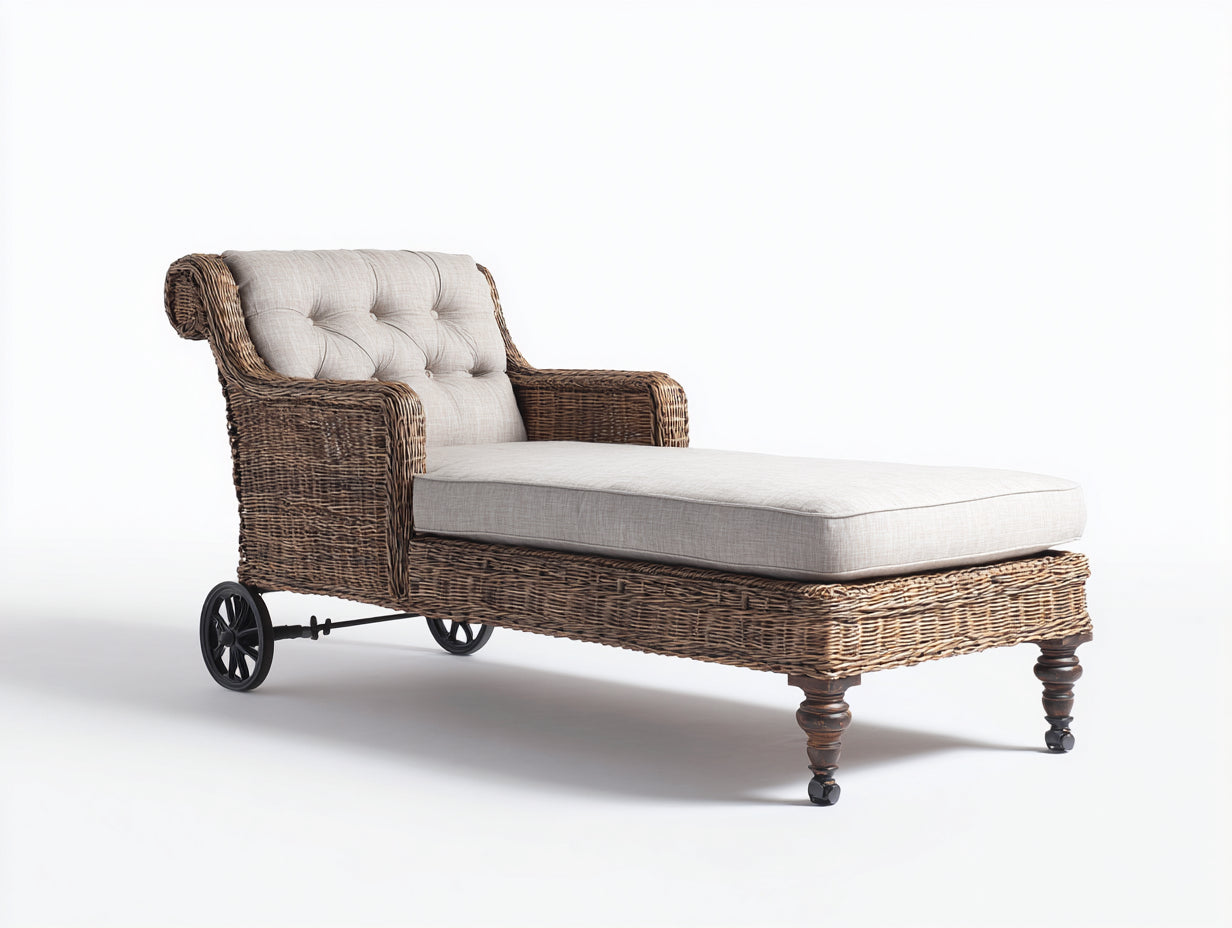 Lettino prendisole - Rattan sintetico-Metallo-Tessuto - 186x80x91 cm - Marrone naturale-Beige lino - Stile vintage con ruote
