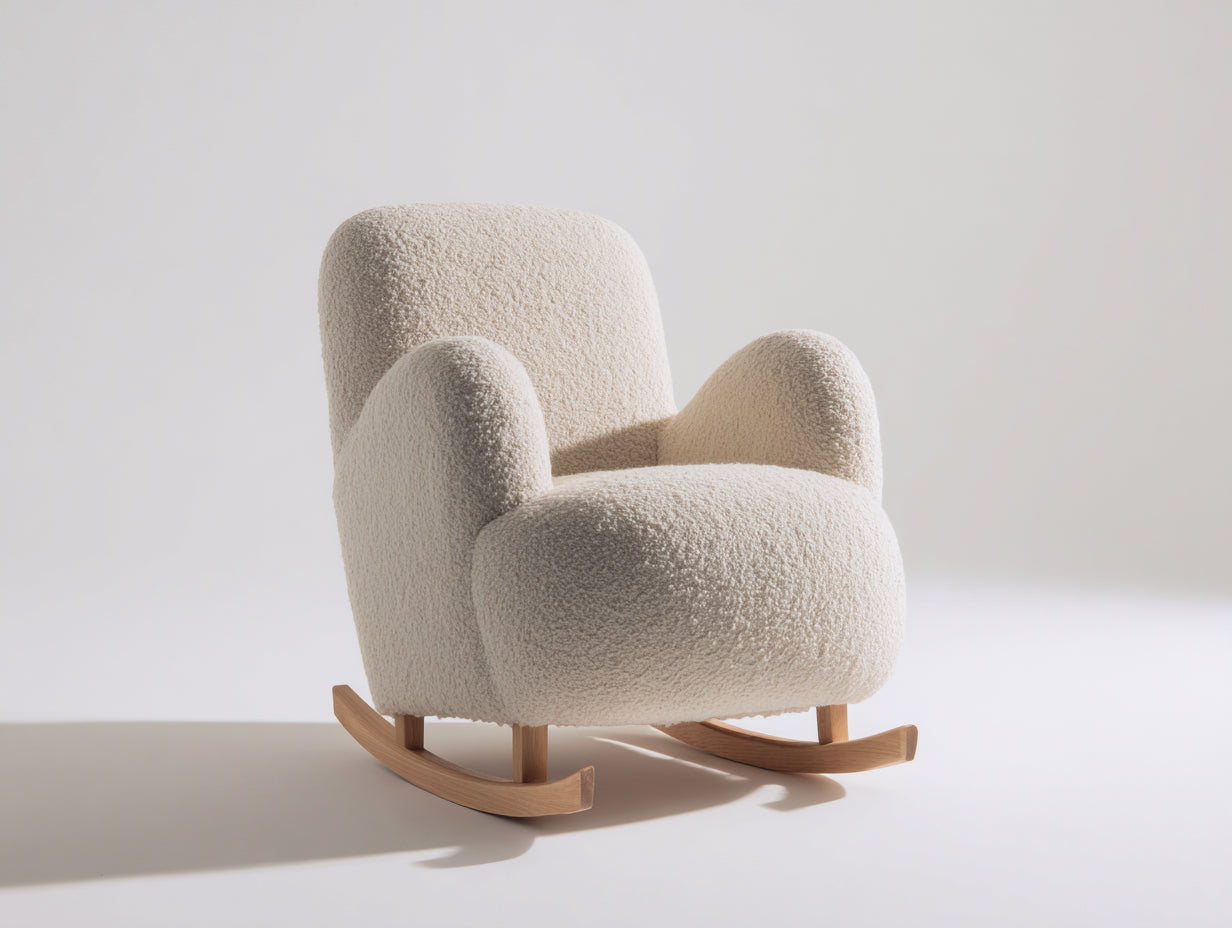 Sedia a dondolo - Bouclé-Legno - 83x91x90 cm - Crema-Legno naturale - Moderno