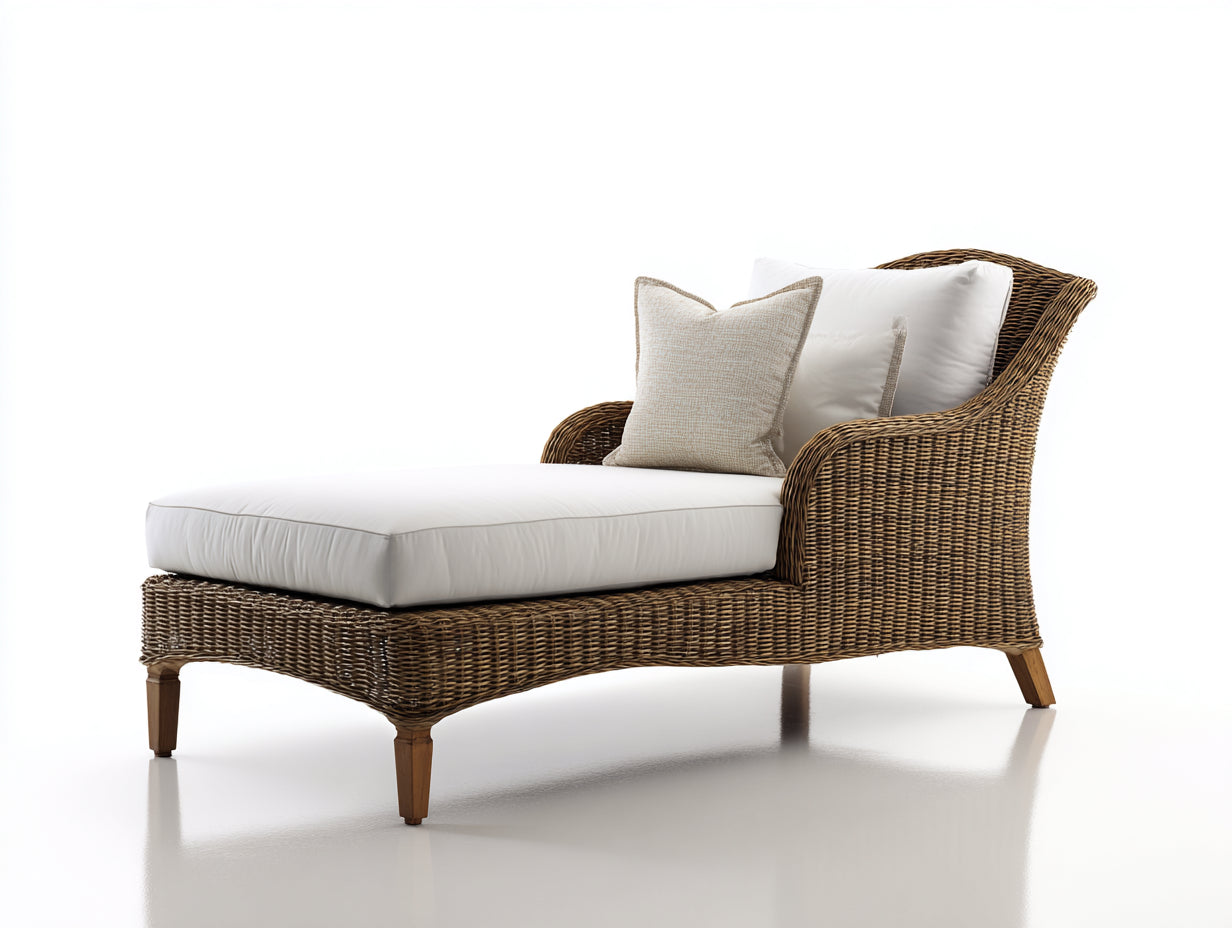 Lettino prendisole - Rattan sintetico-Legno-Tessuto - 176x82x88 cm - Marrone naturale-Bianco panna - Design classico da giardino