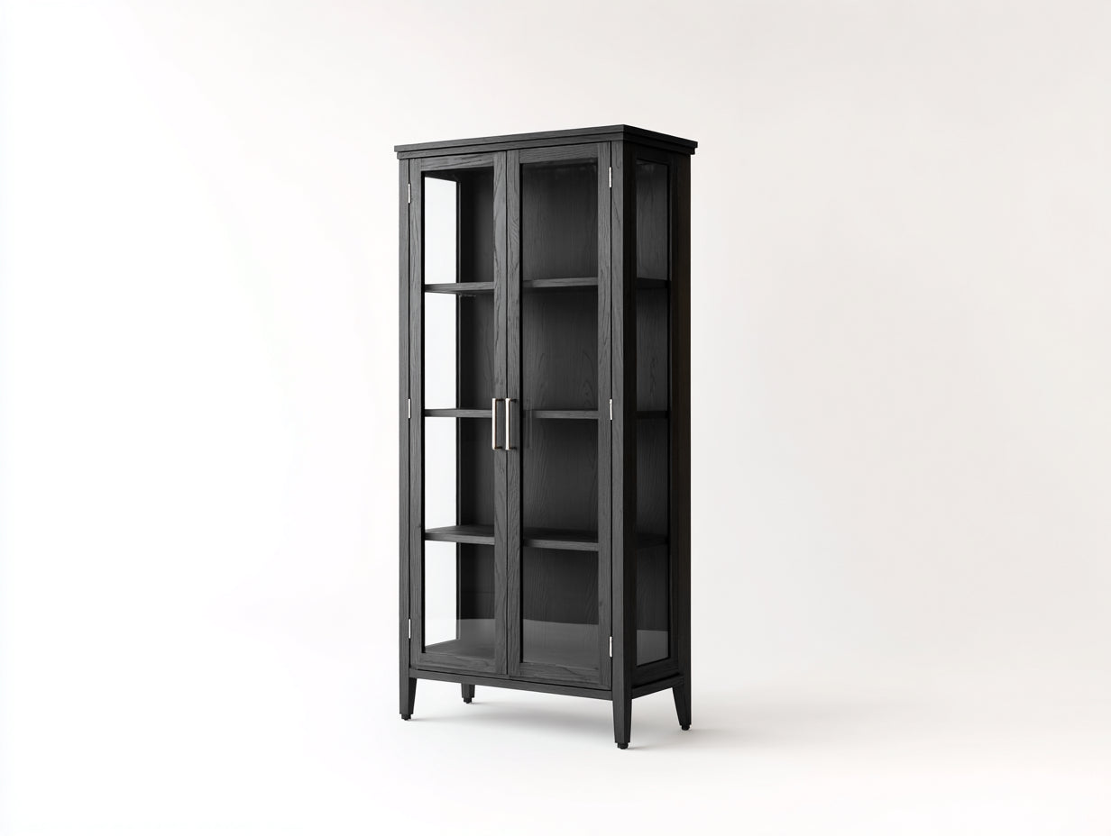 Vetrina-legno-vetro-76x35x148 cm-nero venato-trasparente-stile moderno classico