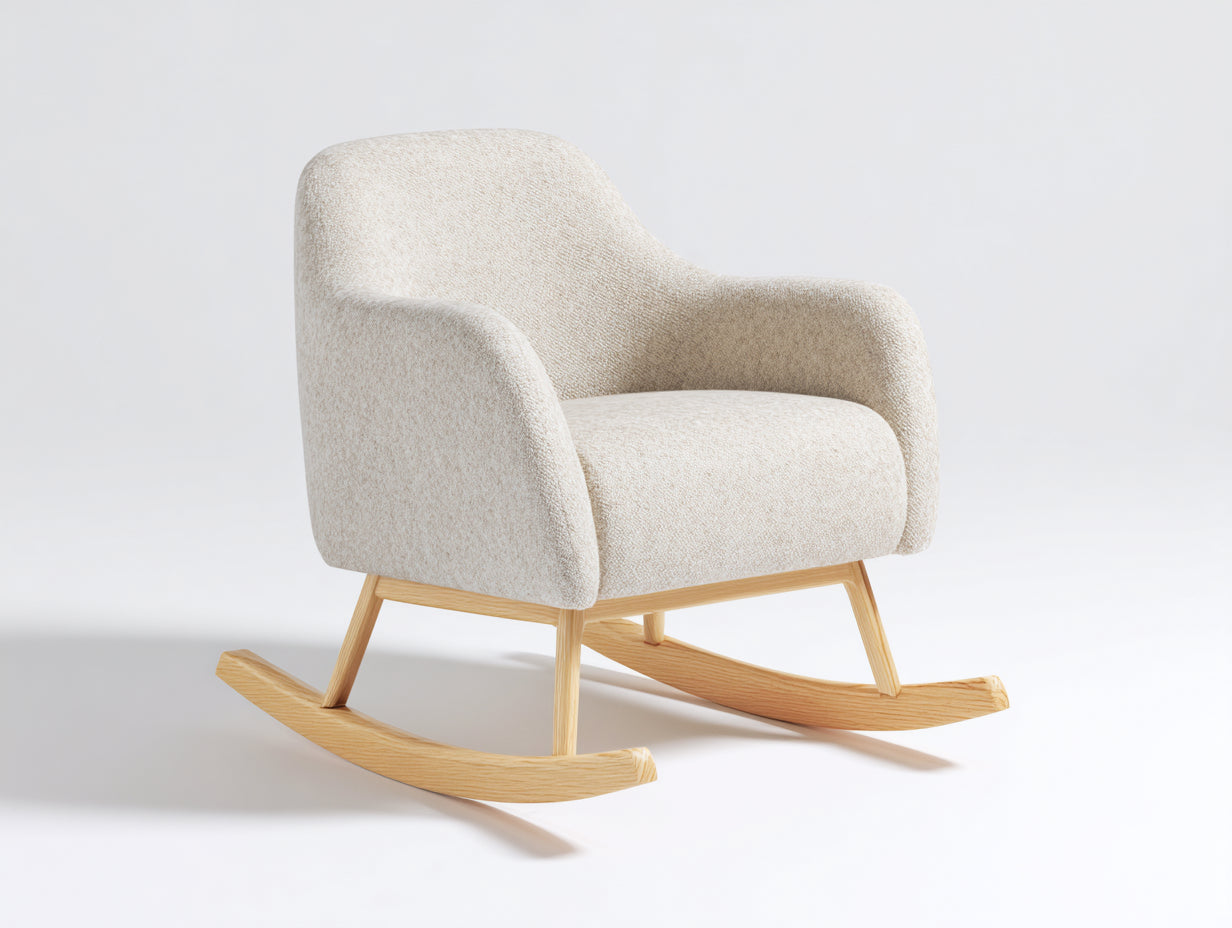 Sedia a dondolo - Bouclé-Legno - 85x94x89 cm - Beige chiaro-Legno naturale - Naturale